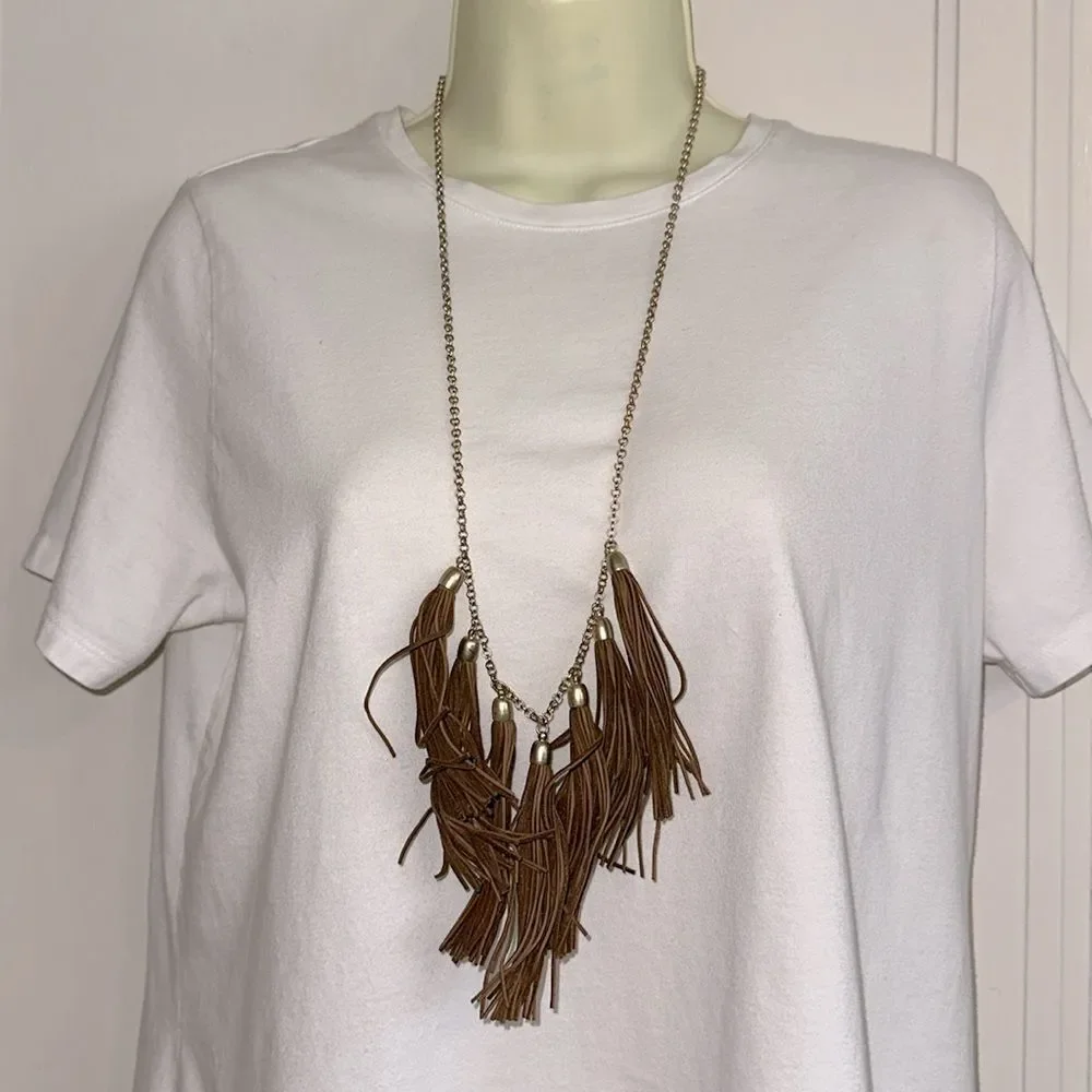 Long Brown Leather Tassel‎ Statement Necklace with Gold Tone Chain